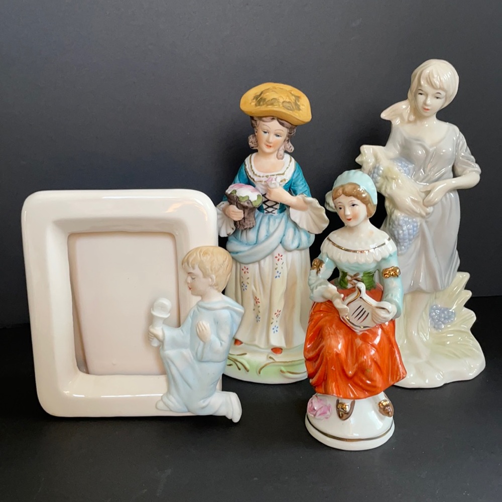 Vintage Decor Bundle 3 Figurines & First Communion Photo Frame Collectibles Lot